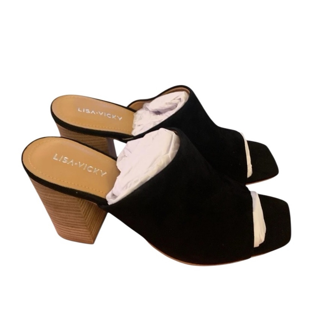 Lisa Vicky Virtue-V Women’s Mule Block Heel Mules Black Suede Leather Size 8.5M